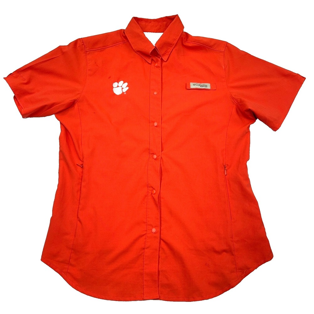 Clemson Tigers Shirt Woman Small Orange Button Up Columbia PFG Performance Poly*
